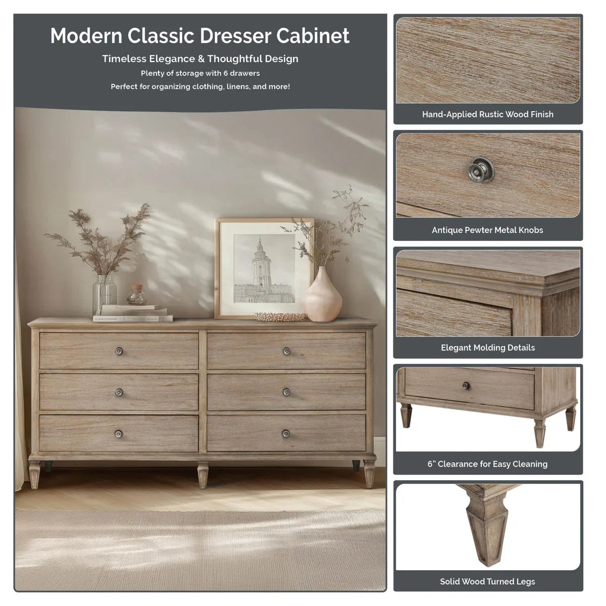 Victoria 6-Drawer Double Wide Wood Dresser